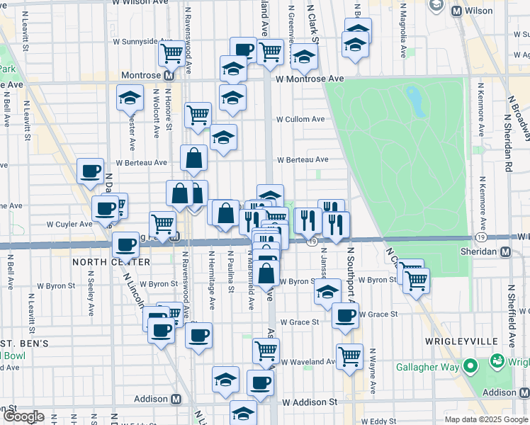 map of restaurants, bars, coffee shops, grocery stores, and more near 4020 North Ashland Avenue in Chicago
