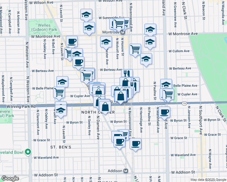 map of restaurants, bars, coffee shops, grocery stores, and more near 1844 West Irving Park Road in Chicago