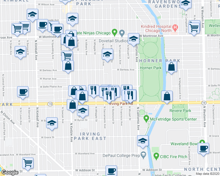 map of restaurants, bars, coffee shops, grocery stores, and more near 4032 North Richmond Street in Chicago