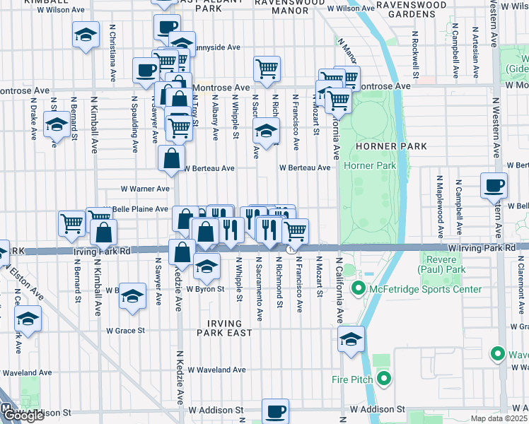 map of restaurants, bars, coffee shops, grocery stores, and more near 4034 North Sacramento Avenue in Chicago