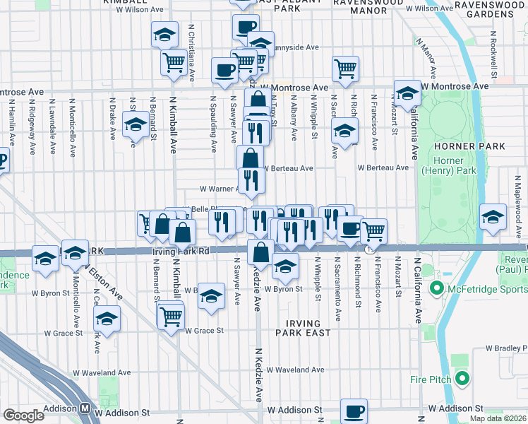 map of restaurants, bars, coffee shops, grocery stores, and more near 4027 North Kedzie Avenue in Chicago
