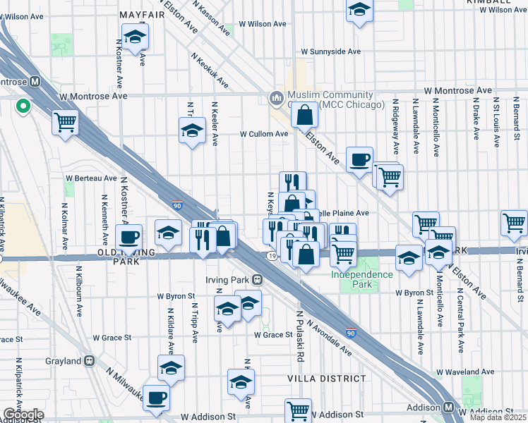 map of restaurants, bars, coffee shops, grocery stores, and more near 4049 North Keystone Avenue in Chicago