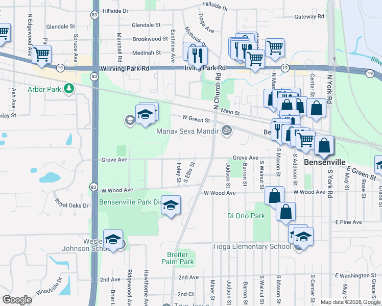 map of restaurants, bars, coffee shops, grocery stores, and more near 149 South Ellis Street in Bensenville