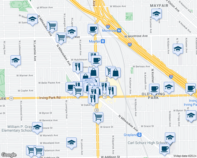 map of restaurants, bars, coffee shops, grocery stores, and more near 4758 West Belle Plaine Avenue in Chicago