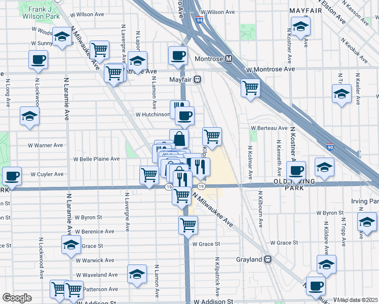 map of restaurants, bars, coffee shops, grocery stores, and more near 4101 North Cicero Avenue in Chicago