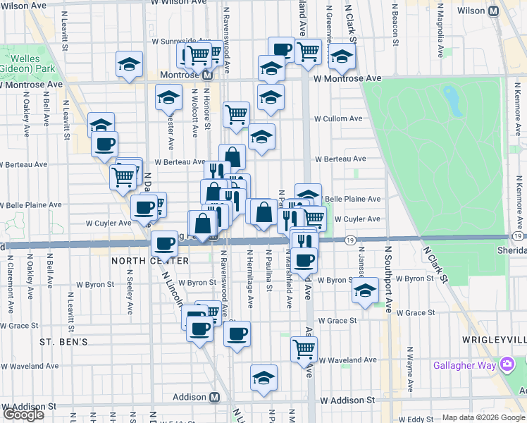 map of restaurants, bars, coffee shops, grocery stores, and more near 4021 North Hermitage Avenue in Chicago