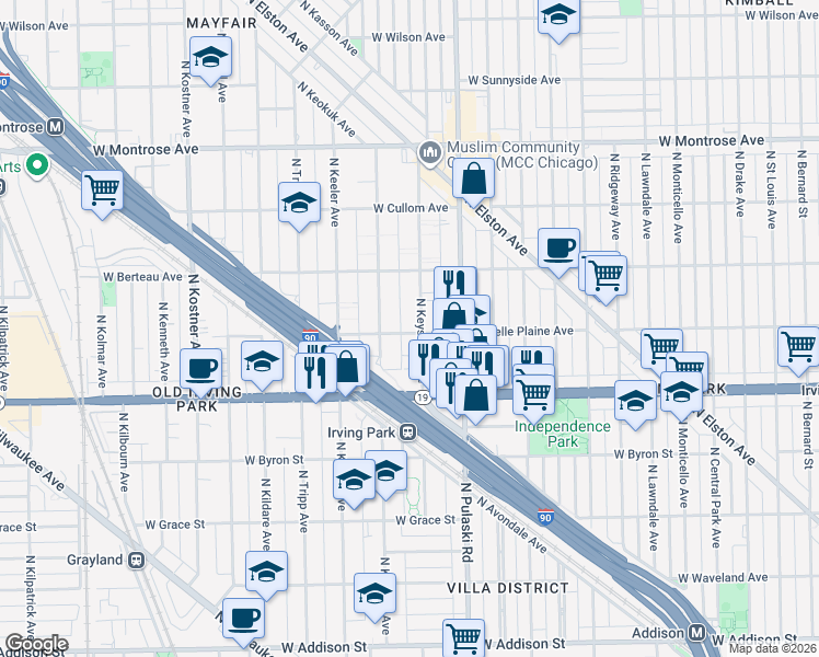 map of restaurants, bars, coffee shops, grocery stores, and more near 4049 North Keystone Avenue in Chicago