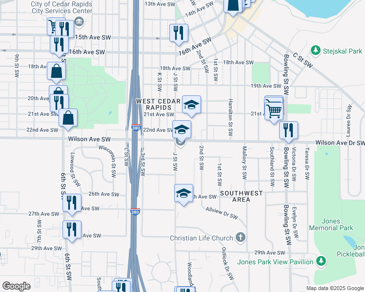map of restaurants, bars, coffee shops, grocery stores, and more near 2301 J Street Southwest in Cedar Rapids
