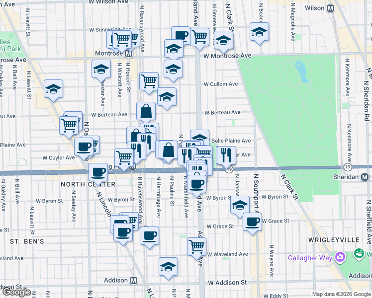 map of restaurants, bars, coffee shops, grocery stores, and more near 4043 North Paulina Street in Chicago