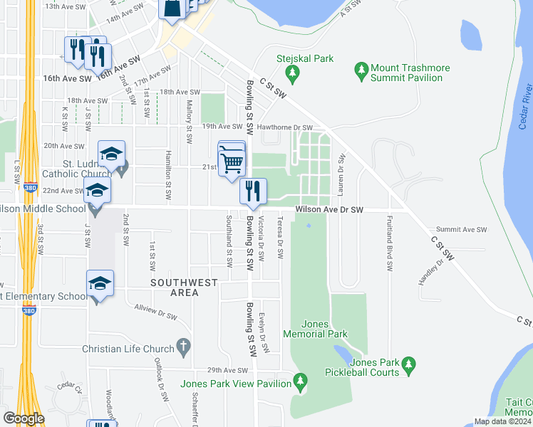 map of restaurants, bars, coffee shops, grocery stores, and more near 2307 Victoria Drive Southwest in Cedar Rapids