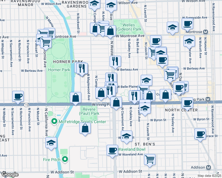 map of restaurants, bars, coffee shops, grocery stores, and more near 4032 North Western Avenue in Chicago