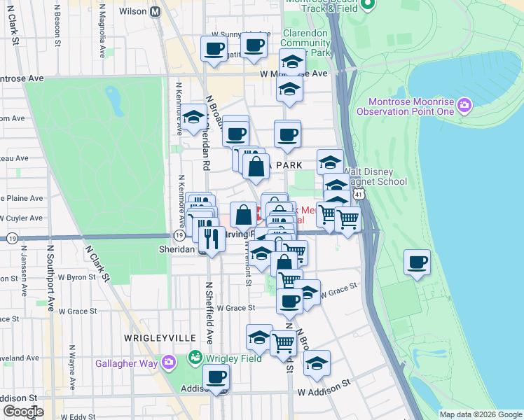 map of restaurants, bars, coffee shops, grocery stores, and more near N Broadway St & W Cuyler Ave in Chicago