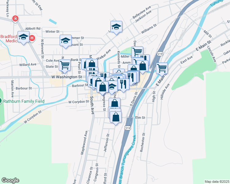 map of restaurants, bars, coffee shops, grocery stores, and more near 25 Chestnut Street in Bradford