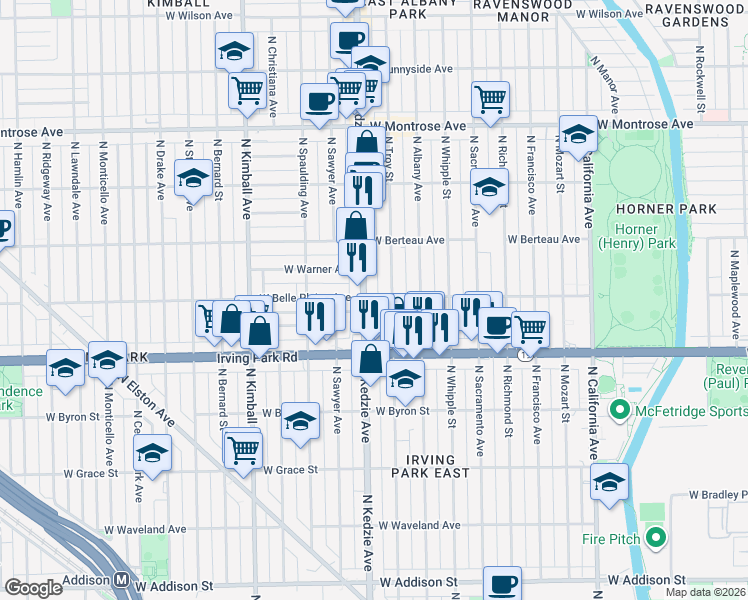 map of restaurants, bars, coffee shops, grocery stores, and more near 4027 North Kedzie Avenue in Chicago