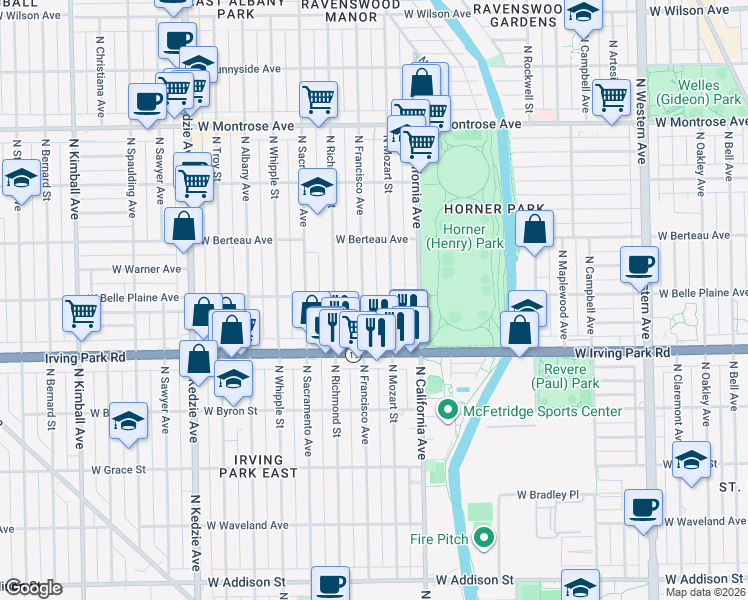 map of restaurants, bars, coffee shops, grocery stores, and more near 4031 North Francisco Avenue in Chicago