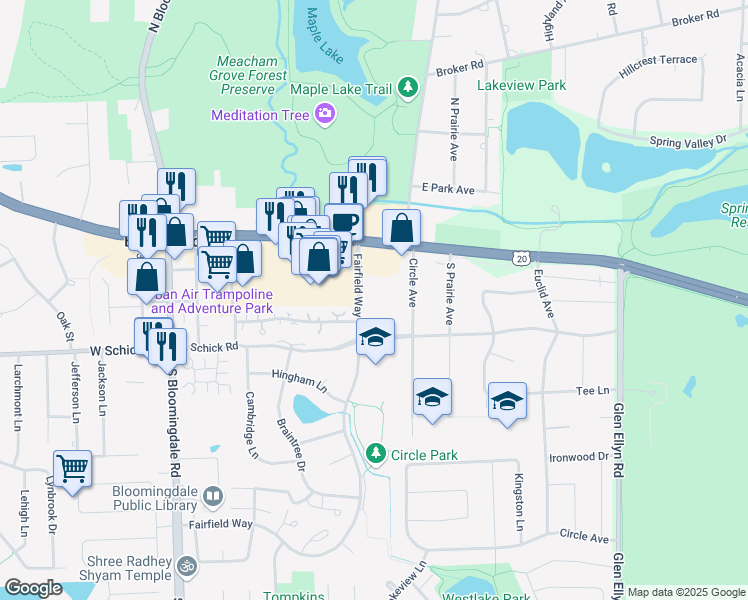 map of restaurants, bars, coffee shops, grocery stores, and more near 129 Fairfield Way in Bloomingdale
