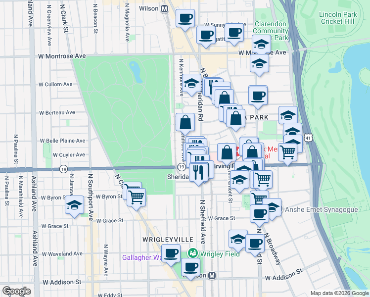 map of restaurants, bars, coffee shops, grocery stores, and more near 4051 North Kenmore Avenue in Chicago