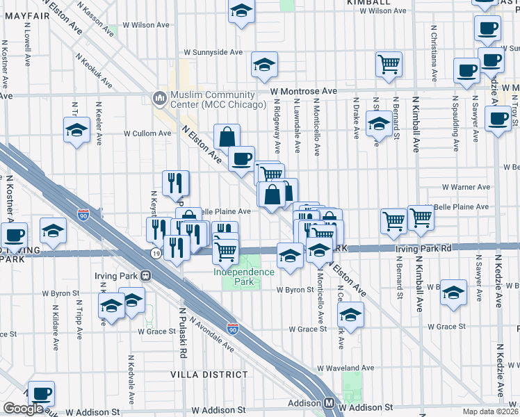 map of restaurants, bars, coffee shops, grocery stores, and more near 3806 West Belle Plaine Avenue in Chicago