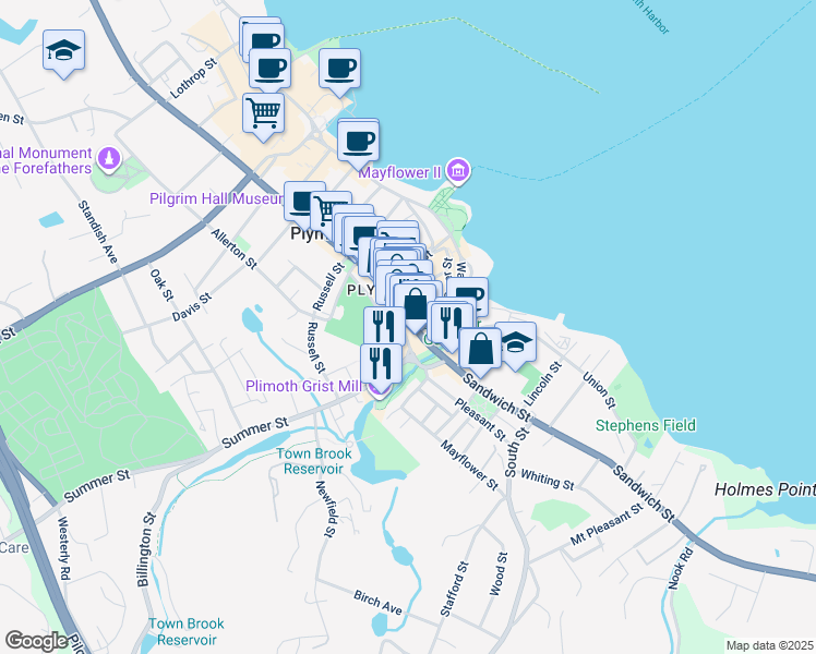 map of restaurants, bars, coffee shops, grocery stores, and more near 5 Main Street in Plymouth