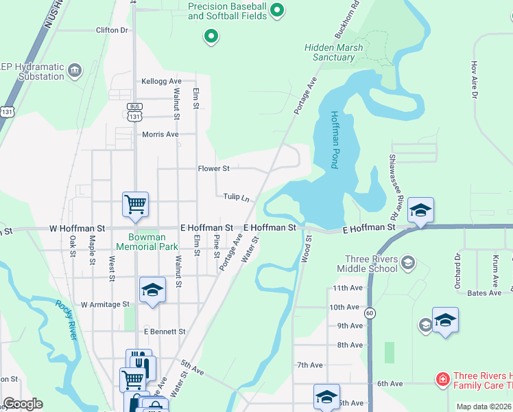 map of restaurants, bars, coffee shops, grocery stores, and more near 801 Portage Avenue in Three Rivers