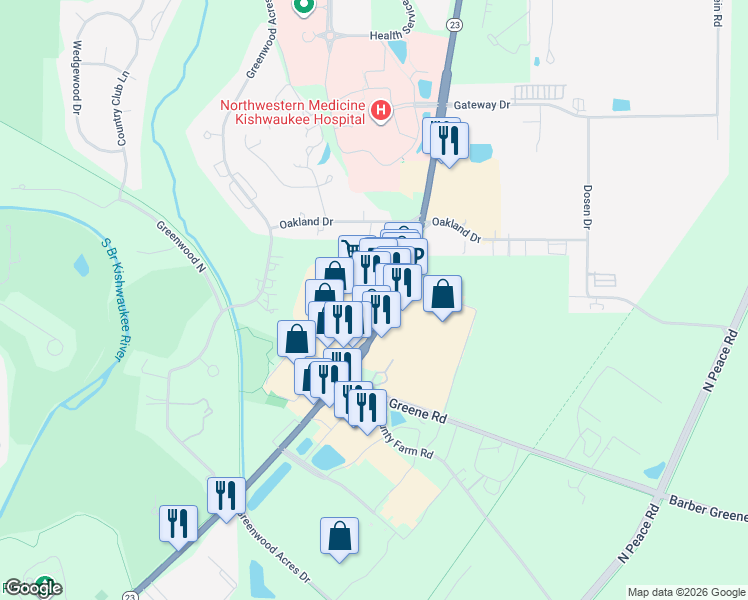 map of restaurants, bars, coffee shops, grocery stores, and more near 2515-2599 Sycamore Road in DeKalb