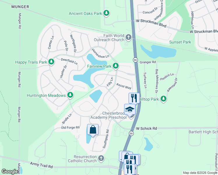 map of restaurants, bars, coffee shops, grocery stores, and more near 1339 Filly Lane in Bartlett