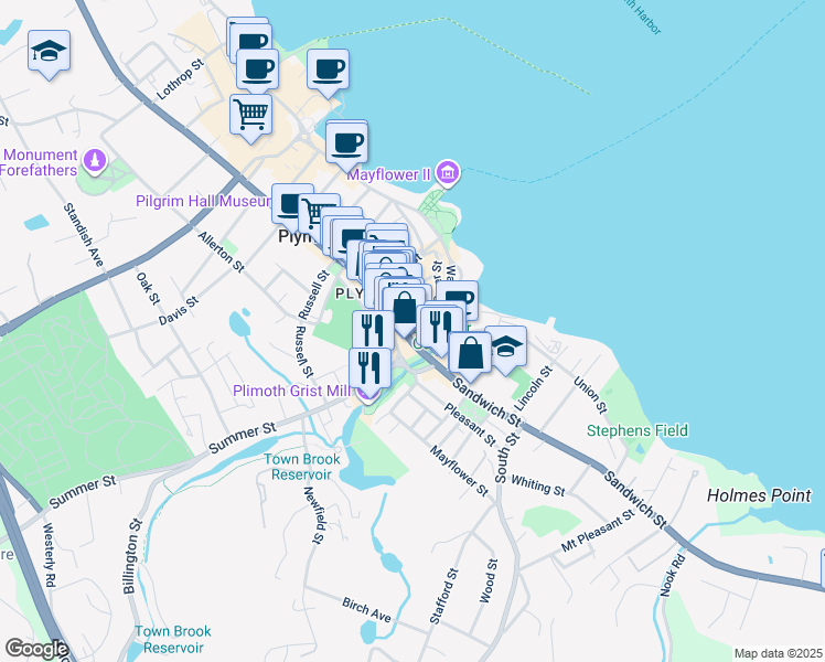 map of restaurants, bars, coffee shops, grocery stores, and more near 21 Main Street Extension in Plymouth