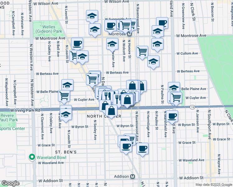 map of restaurants, bars, coffee shops, grocery stores, and more near 1844 West Irving Park Road in Chicago