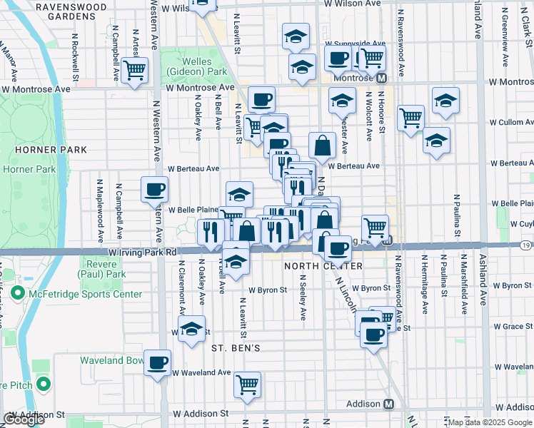 map of restaurants, bars, coffee shops, grocery stores, and more near 2133 West Cuyler Avenue in Chicago