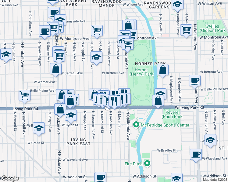 map of restaurants, bars, coffee shops, grocery stores, and more near 4031 North Francisco Avenue in Chicago