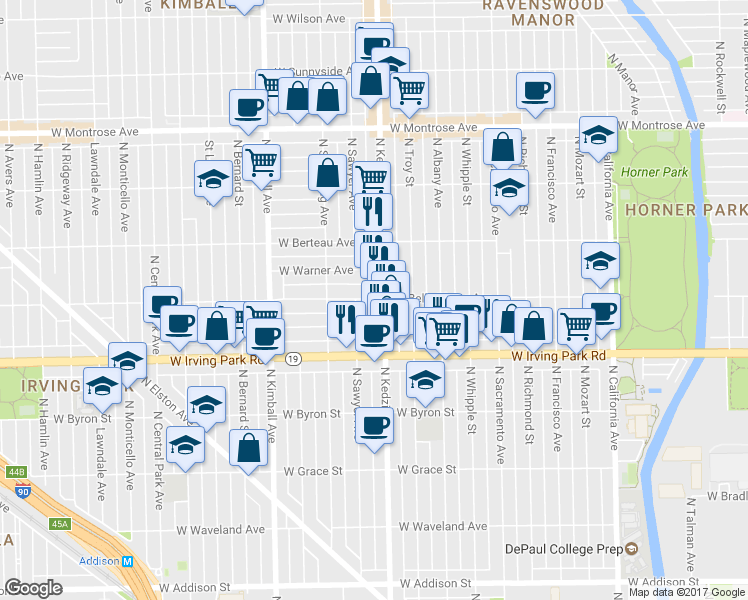 map of restaurants, bars, coffee shops, grocery stores, and more near 4027 North Kedzie Avenue in Chicago