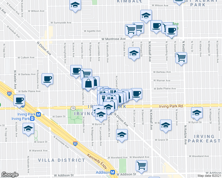 map of restaurants, bars, coffee shops, grocery stores, and more near 4039 North Monticello Avenue in Chicago