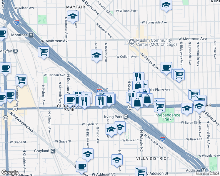 map of restaurants, bars, coffee shops, grocery stores, and more near 4041 North Keeler Avenue in Chicago