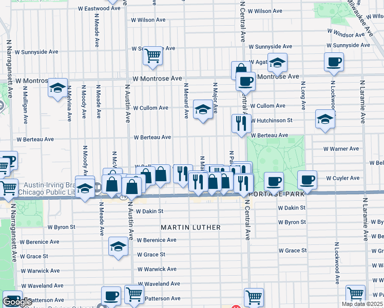 map of restaurants, bars, coffee shops, grocery stores, and more near 5734 West Belle Plaine Avenue in Chicago