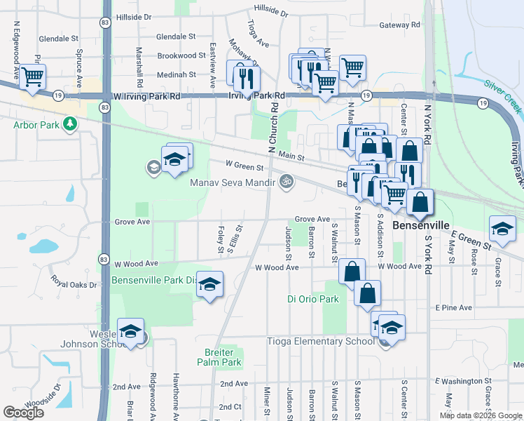 map of restaurants, bars, coffee shops, grocery stores, and more near 153 South Church Road in Bensenville