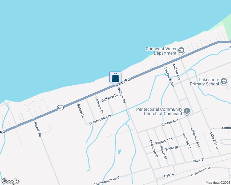 map of restaurants, bars, coffee shops, grocery stores, and more near 1039 Golfview Drive in Conneaut