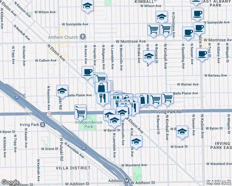 map of restaurants, bars, coffee shops, grocery stores, and more near 4129 North Lawndale Avenue in Chicago