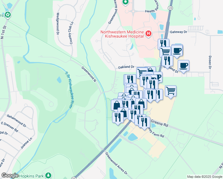 map of restaurants, bars, coffee shops, grocery stores, and more near Greenwood Acres Drive in DeKalb