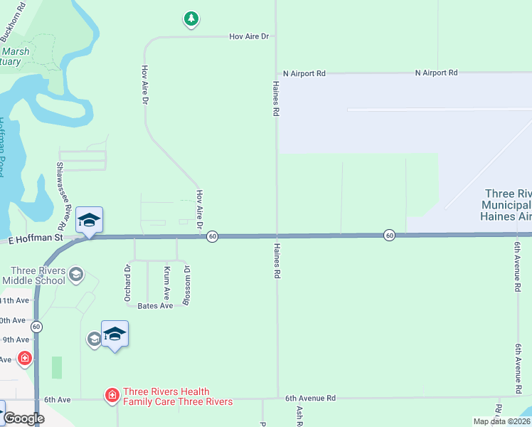 map of restaurants, bars, coffee shops, grocery stores, and more near 57894 Haines Road in Three Rivers