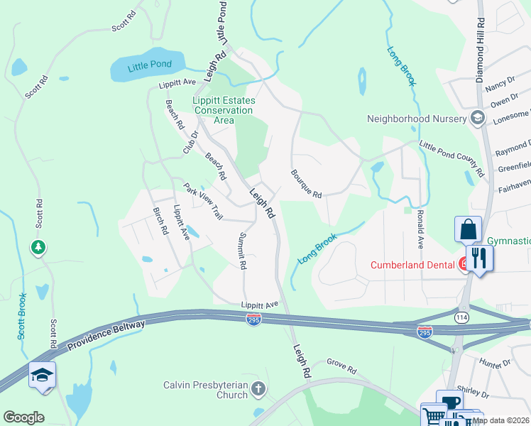 map of restaurants, bars, coffee shops, grocery stores, and more near 172 Leigh Road in Cumberland