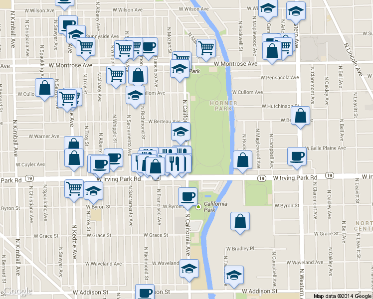 map of restaurants, bars, coffee shops, grocery stores, and more near North California Avenue & West Belle Plaine Avenue in Chicago