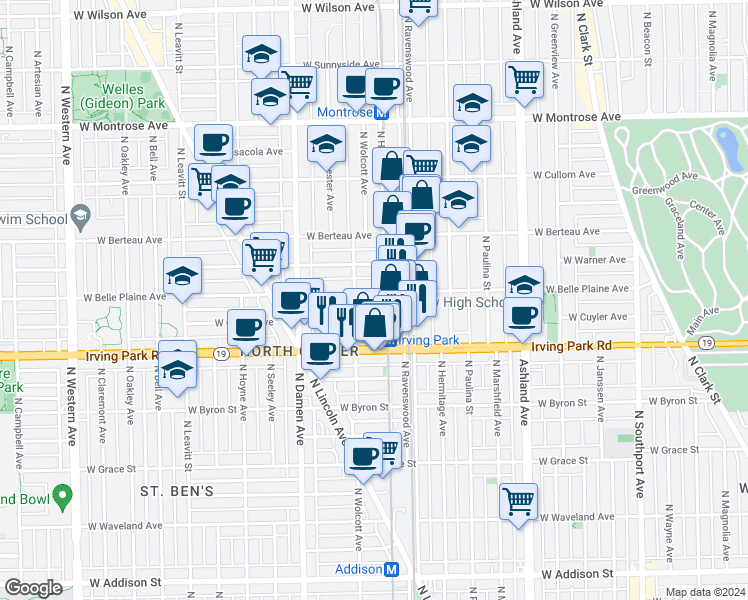 map of restaurants, bars, coffee shops, grocery stores, and more near 1833 West Belle Plaine Avenue in Chicago