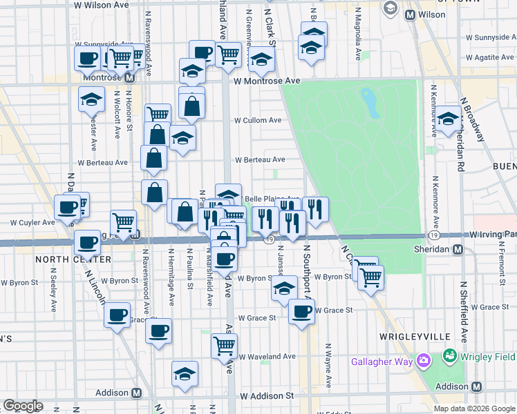 map of restaurants, bars, coffee shops, grocery stores, and more near 4107 North Greenview Avenue in Chicago