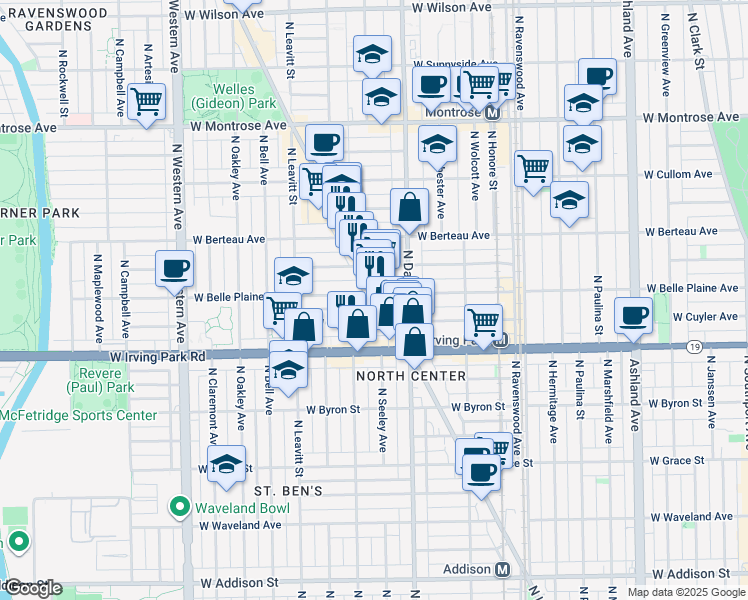 map of restaurants, bars, coffee shops, grocery stores, and more near 4118 North Lincoln Avenue in Chicago