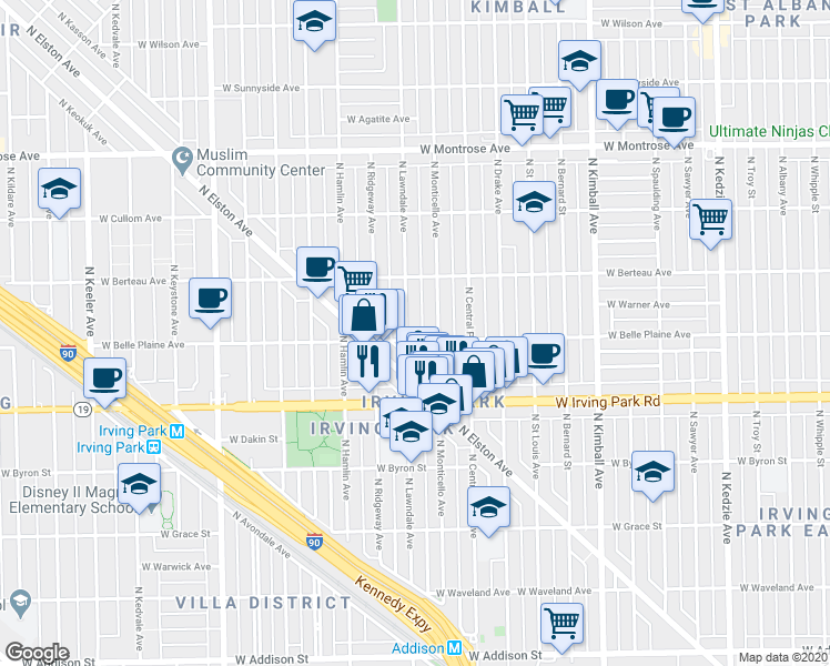 map of restaurants, bars, coffee shops, grocery stores, and more near 4129 North Lawndale Avenue in Chicago