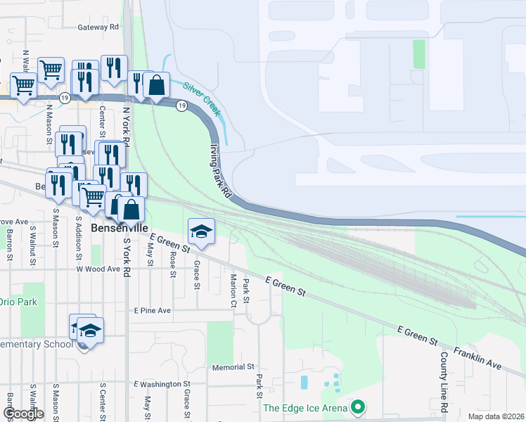 map of restaurants, bars, coffee shops, grocery stores, and more near 8 Midway Court in Bensenville