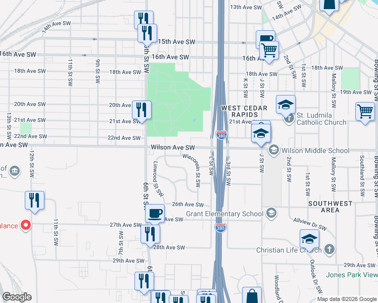 map of restaurants, bars, coffee shops, grocery stores, and more near 400 Wilson Avenue Southwest in Cedar Rapids