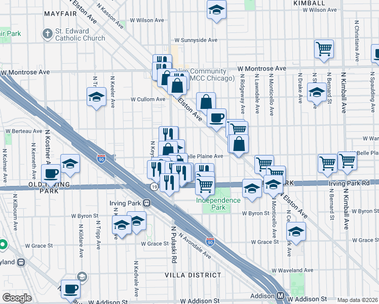map of restaurants, bars, coffee shops, grocery stores, and more near 4107 North Harding Avenue in Chicago