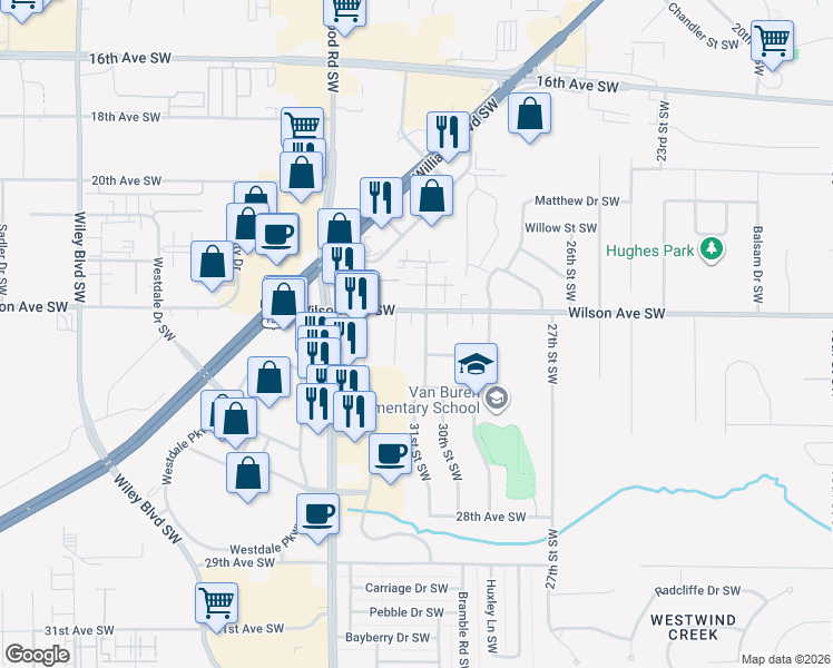 map of restaurants, bars, coffee shops, grocery stores, and more near 3130 Wilson Avenue Southwest in Cedar Rapids