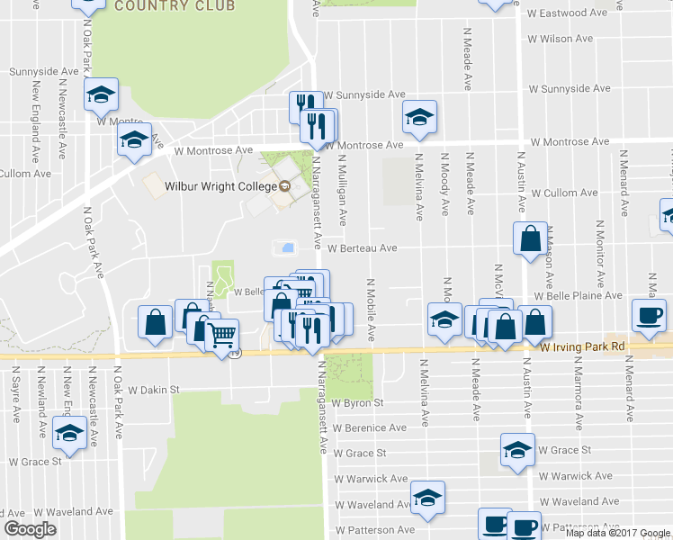 map of restaurants, bars, coffee shops, grocery stores, and more near 4137 North Narragansett Avenue in Chicago